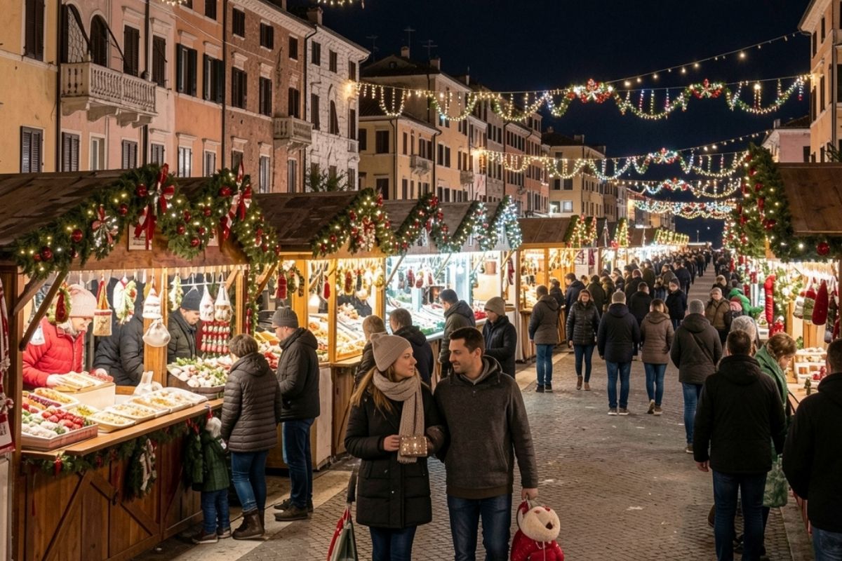 Atmosfera dei Mercatini di Natale a Savona con luci e decorazioni
